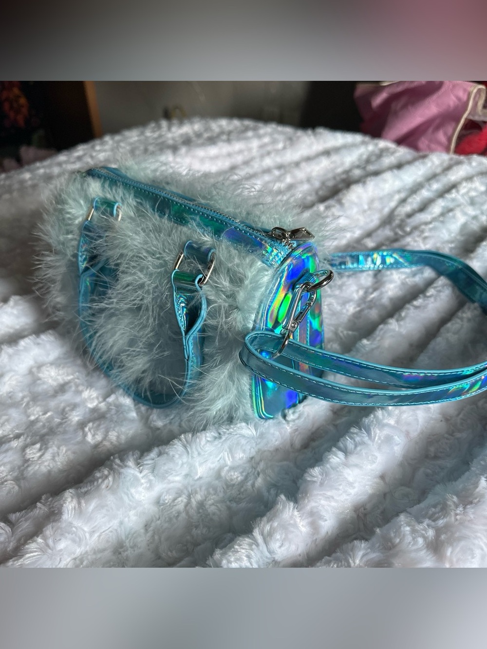 Sugar Thrillz Holographic Aqua Faux Fur Crossbody Bag